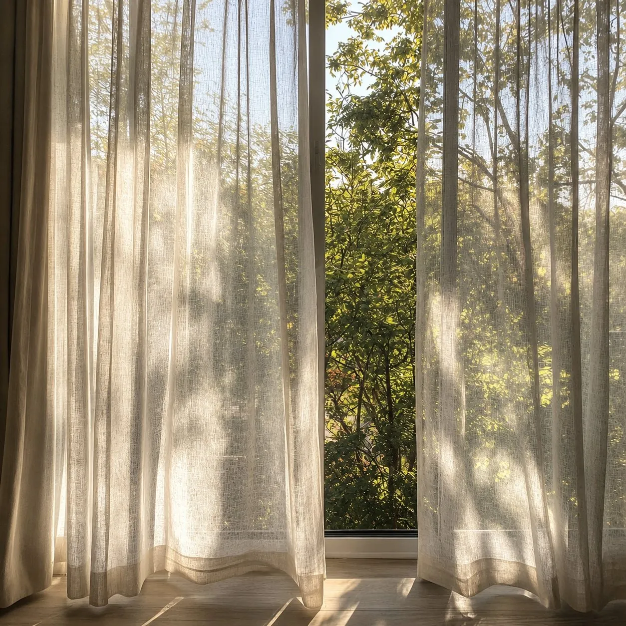 Rideaux de lin blancs en contre-jour devant une fenêtre ouverte sur des arbres verdoyants.