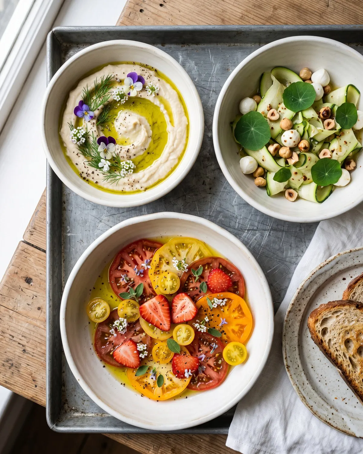 Trois bols en céramique claire vus de dessus : houmous aux fleurs comestibles, salade de courgettes aux noisettes, carpaccio de tomates et fraises.